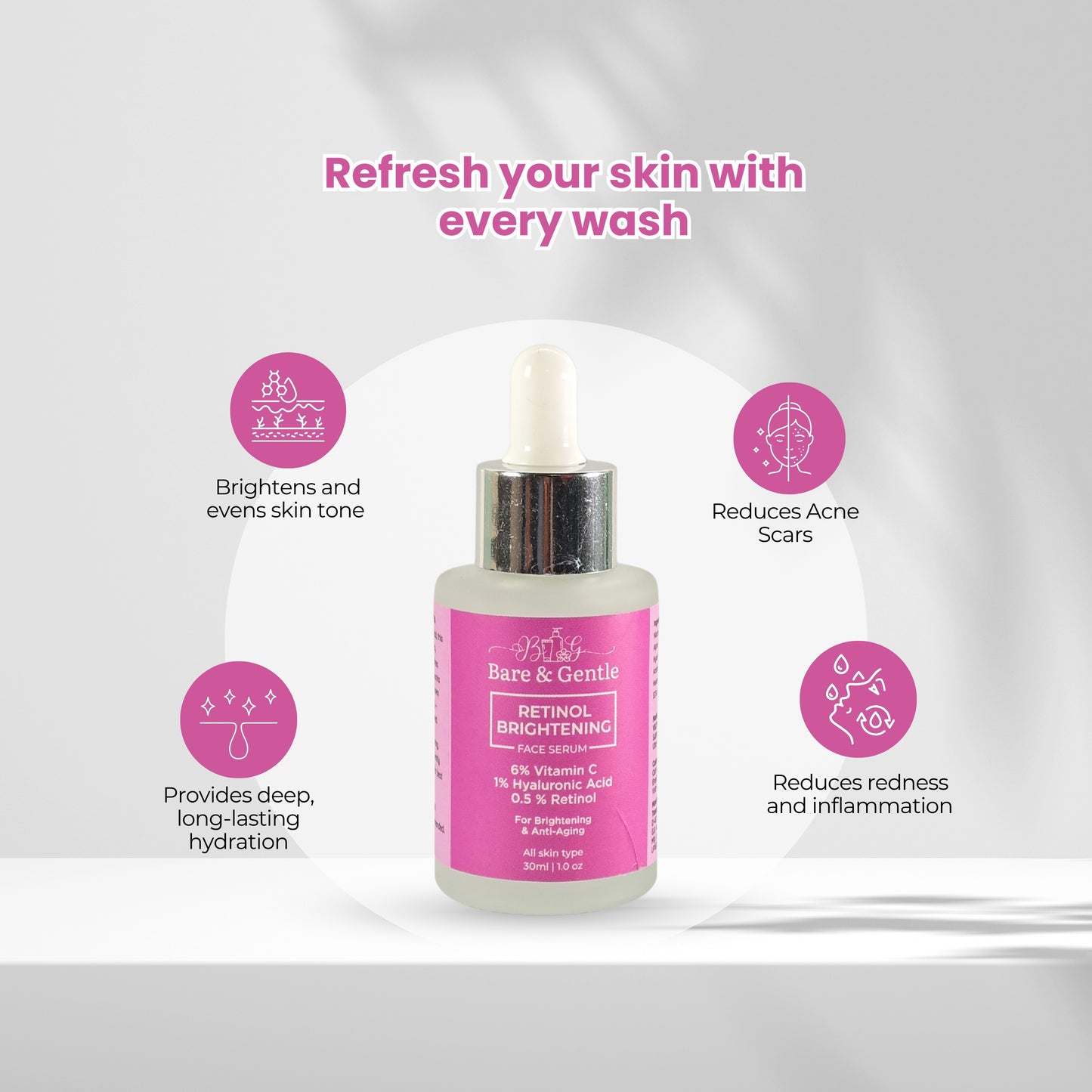 Retinol Brightening Face Serum With 0.5% Retinol + 1%Hyaluronic Acid + 6% Vitamin-C 30ml