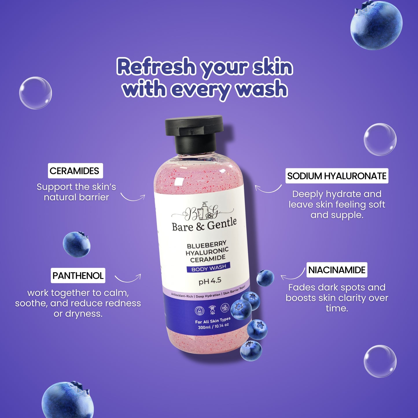Blueberry, Hyaluronic, Ceramide Body Wash 300ml
